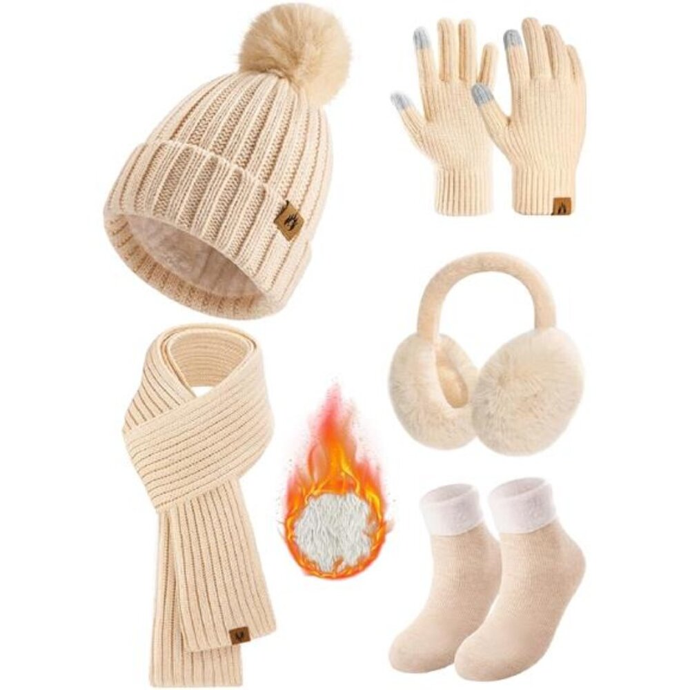 HEEKPEK Winter Beanie Hats Scarf Gloves Ear Muffs Fuzzy Socks 5pcs Set‎ for